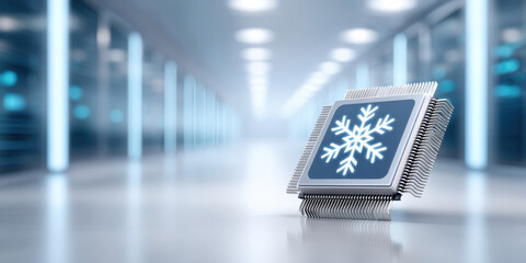 Efficient cooling technology protects computer chip processor with cold snowflake symbol