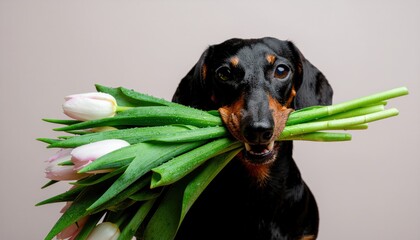 Dachshund holding a bouquet of tulips in his teeth on a pink background. Spring card for Valentine's Day, Women's Day