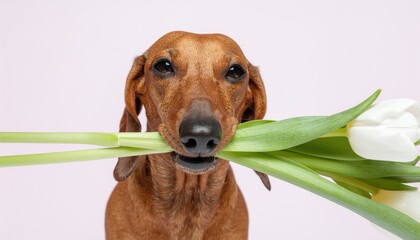 Dachshund holding a bouquet of tulips in his teeth on a pink background. Spring card for Valentine's Day, Women's Day