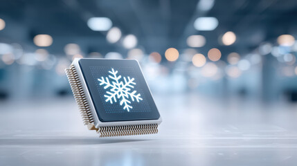 Efficient processor chip with snowflake symbol showing advanced cooling technology concept