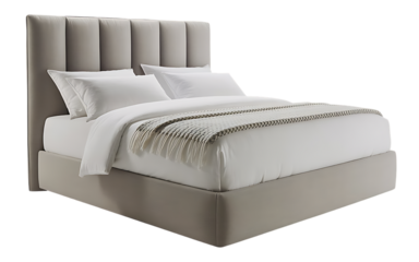 Modern upholstered bed with white bedding