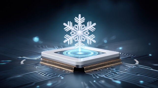 Futuristic computer chip cooling concept with glowing blue snowflake symbol for efficient tech - Powered by Adobe