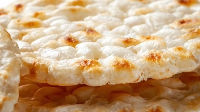 Macro shot: stacked, puffed white food, highlighting golden-brown toasted spots and crisp texture. Ideal for food advertising, healthy snack promotions, and culinary projects, conveying fresh quality.