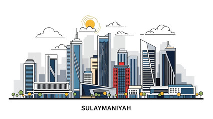 Obraz premium Urban skyline of Sulaymaniyah, Iraq, featuring modern skyscrapers and a bright sun, an illustration of a cityscape