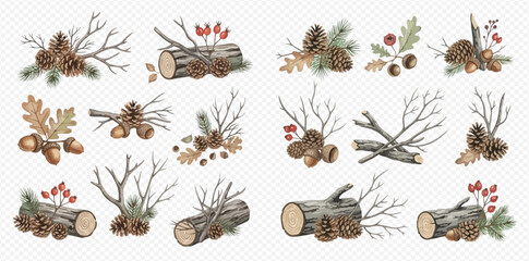 Set of watercolor forest elements including pine cones, acorns, branches, logs, and berries, perfect for autumn and winter designs. © studio