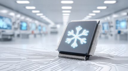 Efficient cooling technology concept with cold computer chip in server room