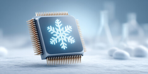 Blue processor chip with glowing snowflake symbol shows advanced cooling technology and cold