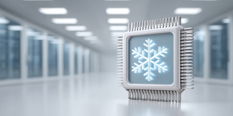 Efficient cooling chip featuring glowing snowflake symbol inside modern data center