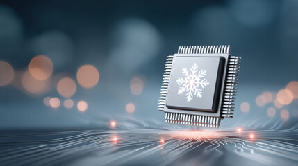 Innovative processor chip with snowflake symbol represents efficient cooling technology