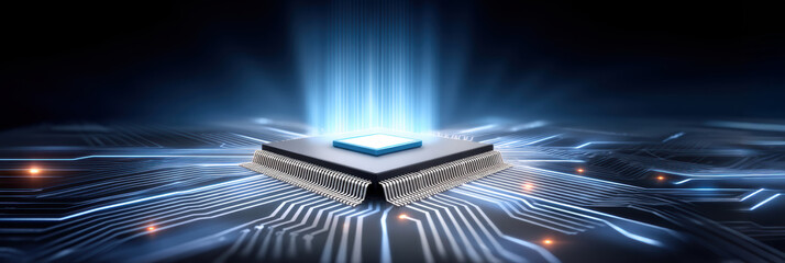 Futuristic blue chip processor with advanced technology and powerful cooling
