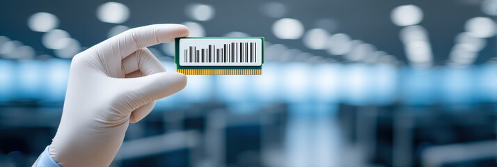 Professional gloved hand holding cooling chip module in blue server room