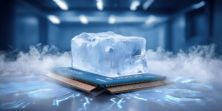 Frozen computer chip under ice block showing powerful cooling concept in blue data center