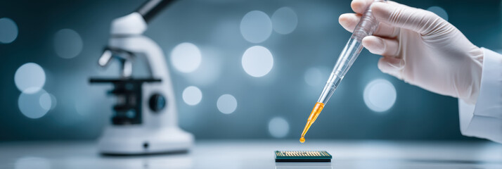 Precise scientist drops cooling liquid on chip with pipette in laboratory