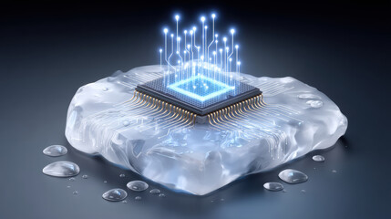 High performance computer chip cooling on frozen ice block with glowing blue data