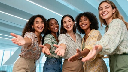Five women extending hands in office