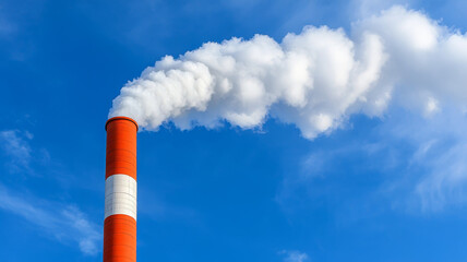 Red white smokestack, blue sky, pollution, emission, industrial, environment, climate change