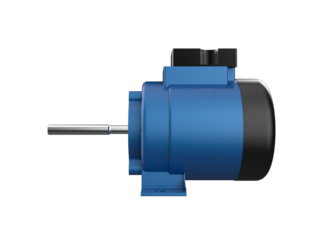 Blue Industrial Electric Power Motor 3D Render: High Resolution Detailed AC Induction Machine Component Isolated on Transparent PNG Background for Engineering and Technology Projects.