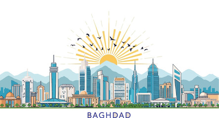 Fototapeta premium Baghdad Skyline A Modern Metropolis Under the Golden Sun, Representing Growth and Progress