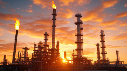 Industrial refinery sunset emission flame pollution silhouette energy dramatic sky