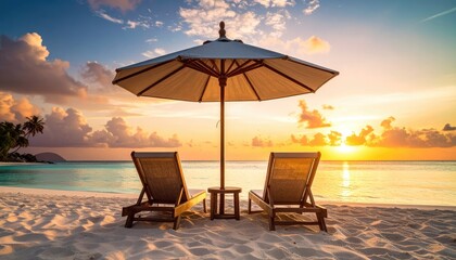 Two empty beach chairs await under an umbrella at sunset on a tropical shore.