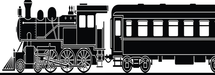 Vector black silhouette of a vintage steam locomotive train engine with passenger carriage isolated on white background for transport design © Chopon
