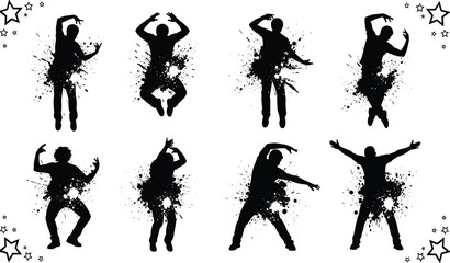 Vector set of black dancing silhouettes with artistic paint splatter effects featuring energetic male dancers in expressive poses on white background