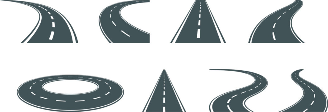 Curved Highway and Winding Road Vector Set Featuring Different Perspectives and White Lane Marking Elements