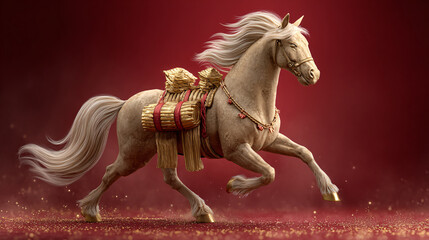 Chinesenewyearhorse goldenhorse newyearprosperity galloping horse sculpture with gold ingot saddle red ribbon detail on festive red background symbol of wealth luck success celebration