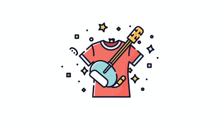 Vibrant T-shirt with Banjo and Sparkling Elements Illustration.