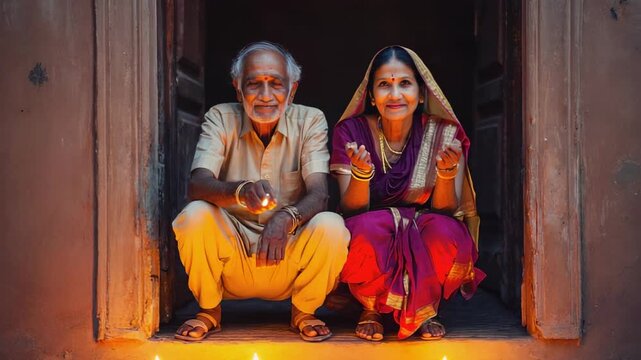 Smiling elders sitting in doorway with lit diyas on threshold