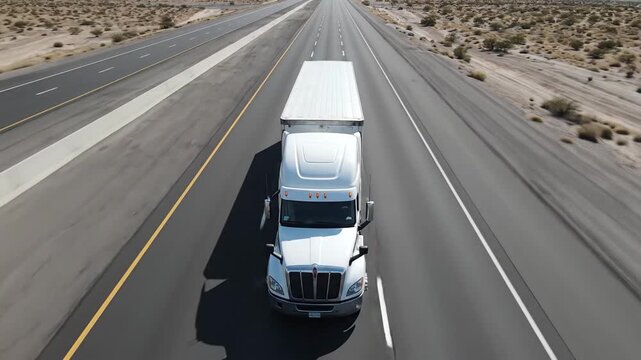 Aerial View of a White Semi-Truck Driving on a Desert Highway.