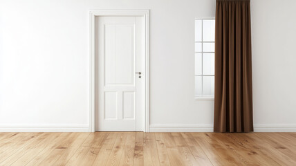 White door, brown curtain, wooden floor, white wall, window, minimal, empty room