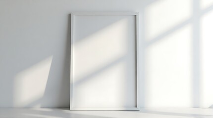 Fototapeta premium Minimalist White Picture Frame with Shadow Shadows on White Wall Natural Lighting Modern Interior Decor