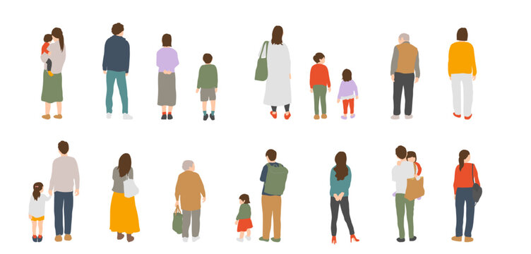 後ろ姿の人物イラスト　日常や生活を表す人々の佇まい