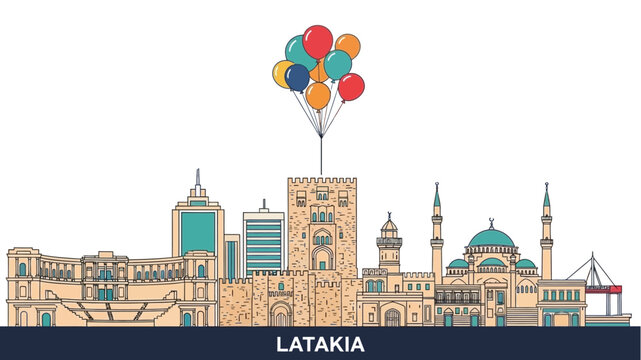Latakia City Skyline Illustration with Balloons Floating Overhead