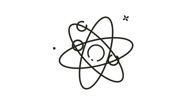 Science icons are line drawings featuring colored illustrations of atomic particle structures that symbolize scientific progress.