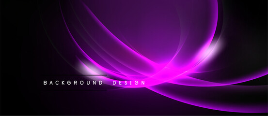 Fototapeta premium Abstract purple waves flow across black space. Dynamic curves create modern design, elegant visual impact. Minimal text present.