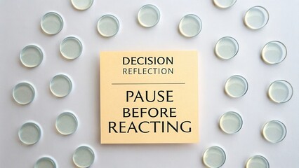 Decision reflection concept with message to pause before reacting surrounded by glass stones on a light background