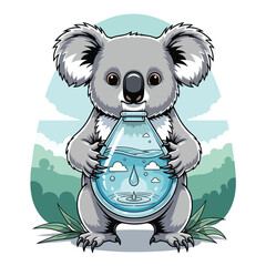 Cute Koala Holding Water Bottle with Droplet Face.