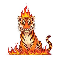 Tiger on Fire Illustration Fierce Animal Art.