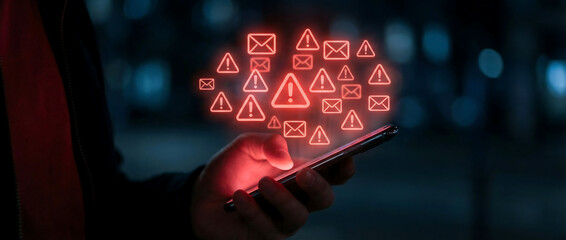 Hand Holding a Smartphone with Multiple Glowing Red Alert and Warning Icons for Email Spam and Cyber Security Breach