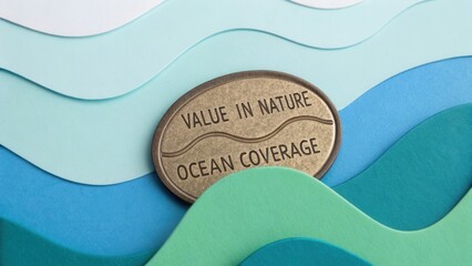 Vintage Medal on Colorful Waves Representing Ocean Protection and Nature Awareness in a Creative Conceptual Setting