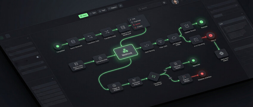 Dark UI Dashboard for Automated Workflow Management and Webhook Integration with Data Pipeline Nodes