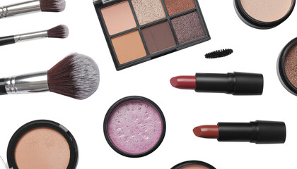 Assorted makeup and cosmetic beauty products arranged on a clean white background
