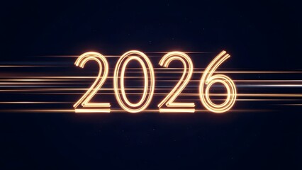 Glowing neon number 2026 with dynamic light trails on dark background