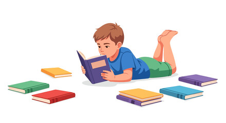Young boy absorbed in reading a captivating book, surrounded by colorful literature, an illustration promoting childhood learning, imagination, and the joy of quiet discovery