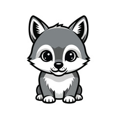 Cute cartoon wolf cub sitting and looking forward.