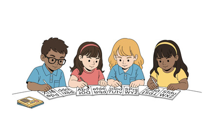 Children learning alphabet letters at tables during an educational class