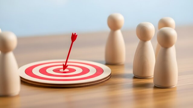 Wooden figures with a red arrow hitting a target bullseye
