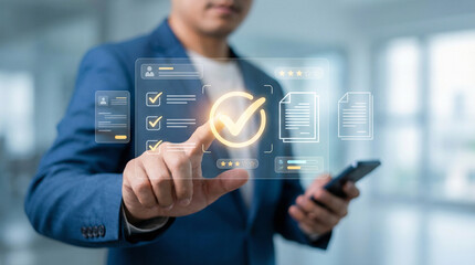 Business Executive Approving Quality Assurance Documents on Virtual Screen with Glowing Checkmark Icon
